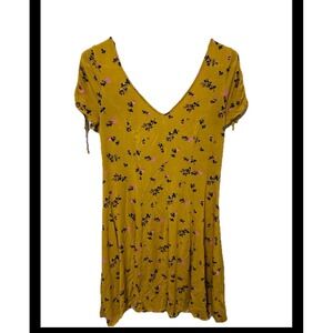 Love Life Mustard Yellow Floral Mini Dress Ruched Tie Sleeve V-Neck Medium